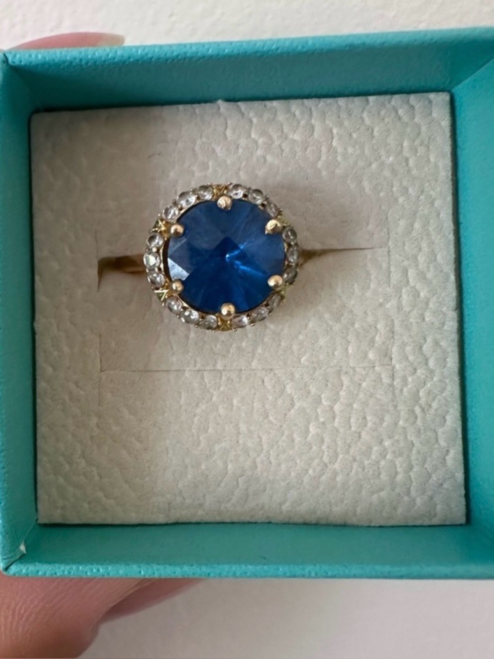 Gold Ring 18k solid with Deep Blue Sapphire and Halo Accent